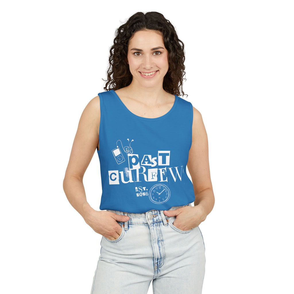 Past Curfew Comfort Colors Graphic Tank Top — Retro College Party Vibe