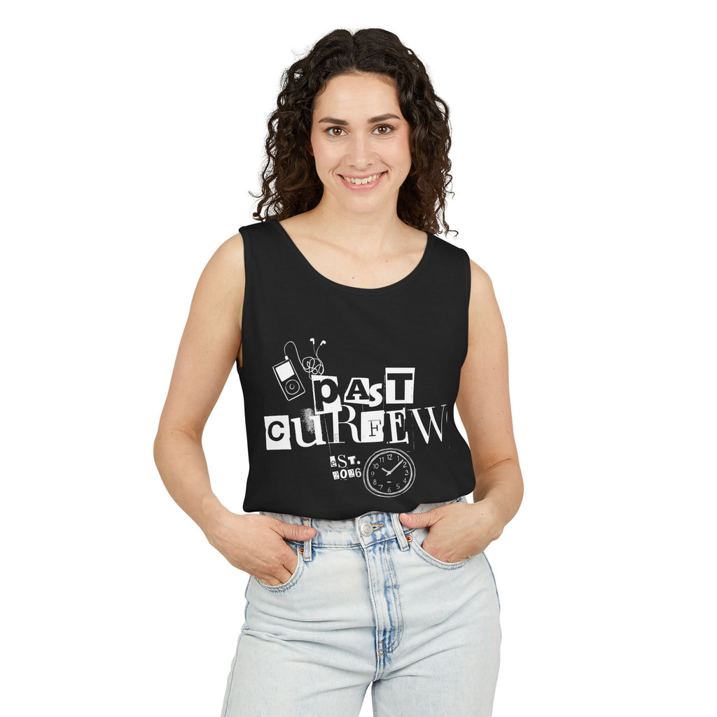 Past Curfew Comfort Colors Graphic Tank Top — Retro College Party Vibe