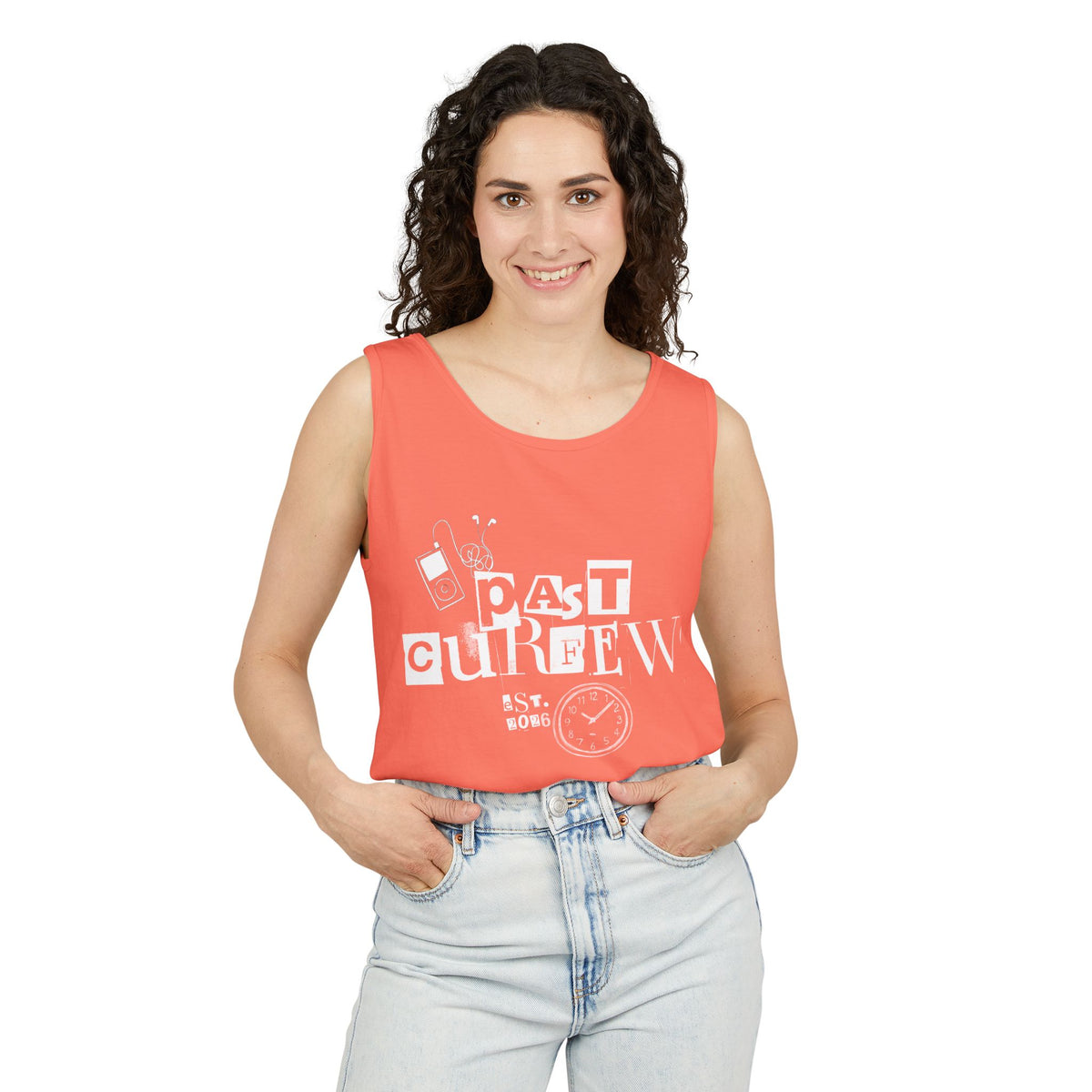 Past Curfew Comfort Colors Graphic Tank Top — Retro College Party Vibe