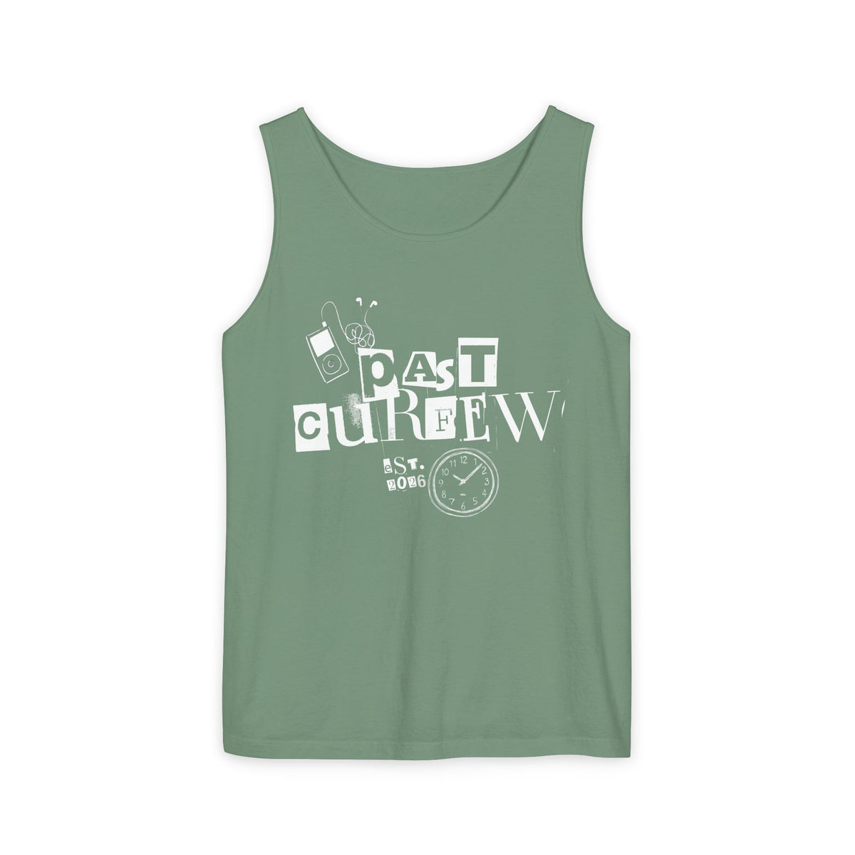 Past Curfew Comfort Colors Graphic Tank Top — Retro College Party Vibe