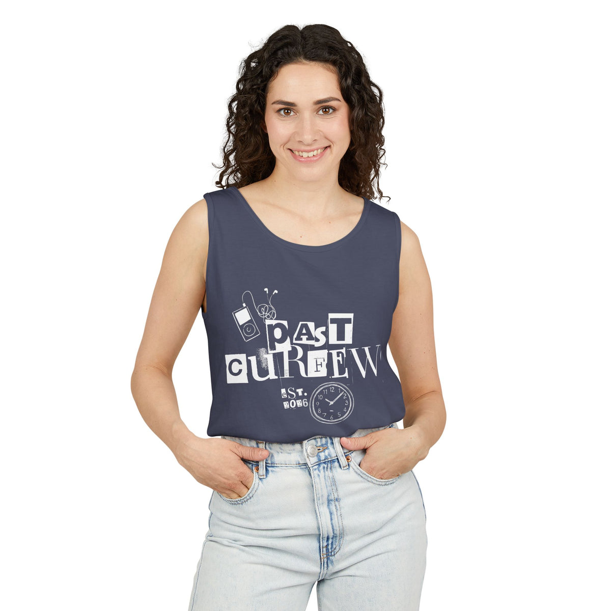Past Curfew Comfort Colors Graphic Tank Top — Retro College Party Vibe
