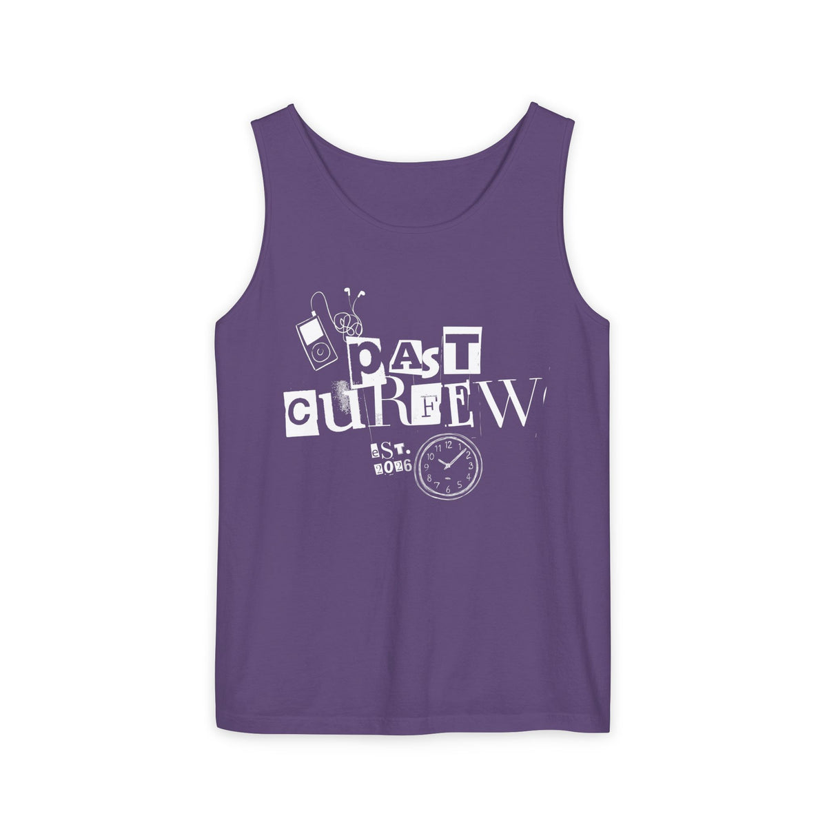 Past Curfew Comfort Colors Graphic Tank Top — Retro College Party Vibe