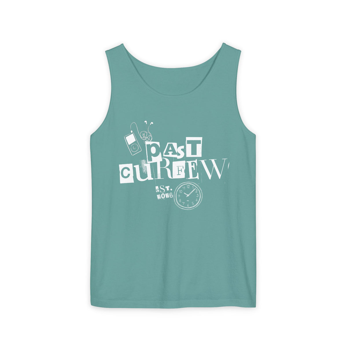 Past Curfew Comfort Colors Graphic Tank Top — Retro College Party Vibe