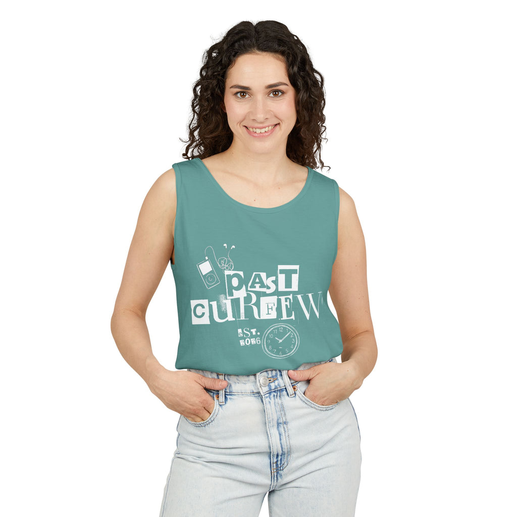 Past Curfew Comfort Colors Graphic Tank Top — Retro College Party Vibe