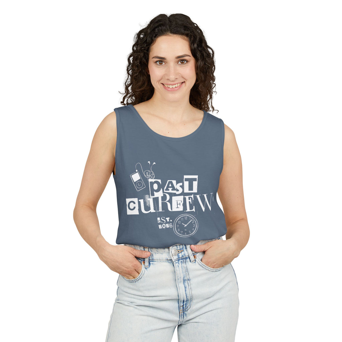 Past Curfew Comfort Colors Graphic Tank Top — Retro College Party Vibe