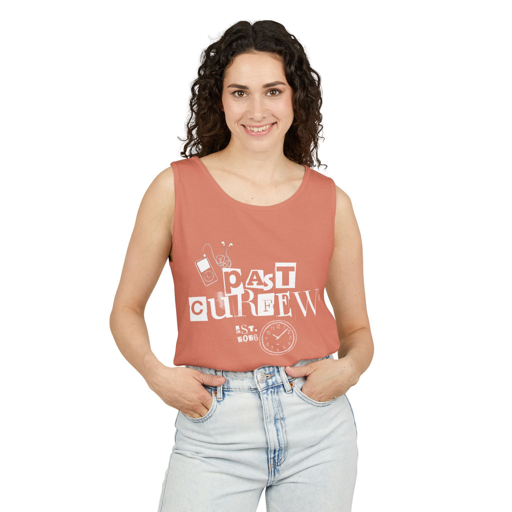 Past Curfew Comfort Colors Graphic Tank Top — Retro College Party Vibe