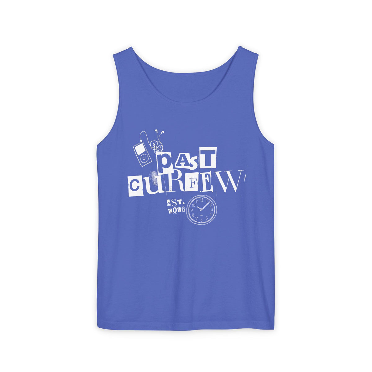 Past Curfew Comfort Colors Graphic Tank Top — Retro College Party Vibe