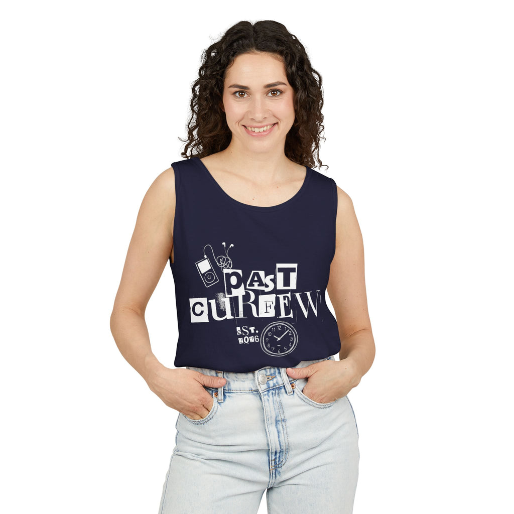 Past Curfew Comfort Colors Graphic Tank Top — Retro College Party Vibe