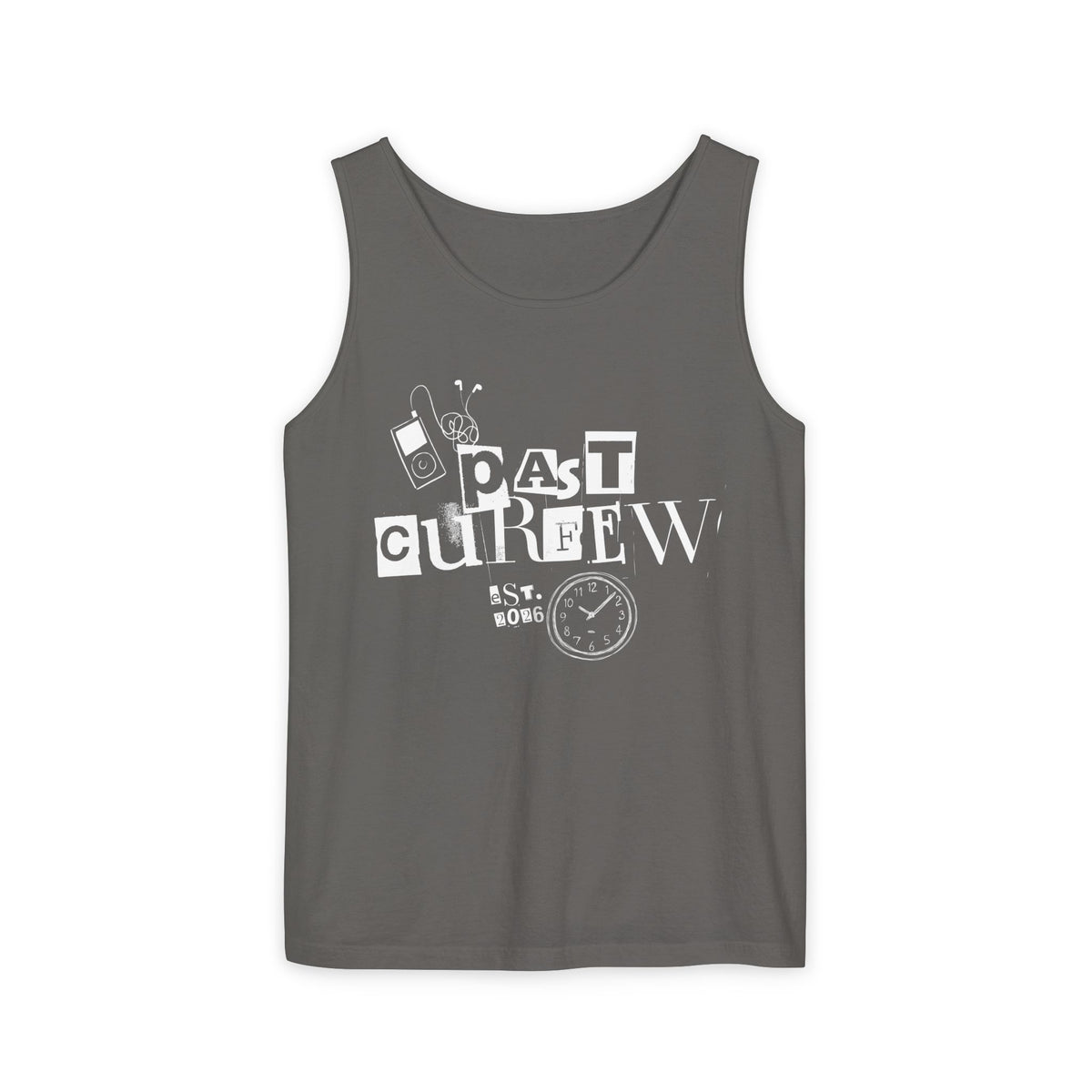 Past Curfew Comfort Colors Graphic Tank Top — Retro College Party Vibe
