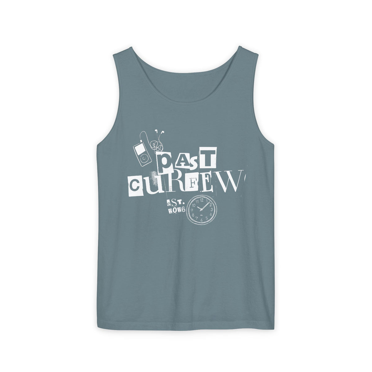 Past Curfew Comfort Colors Graphic Tank Top — Retro College Party Vibe