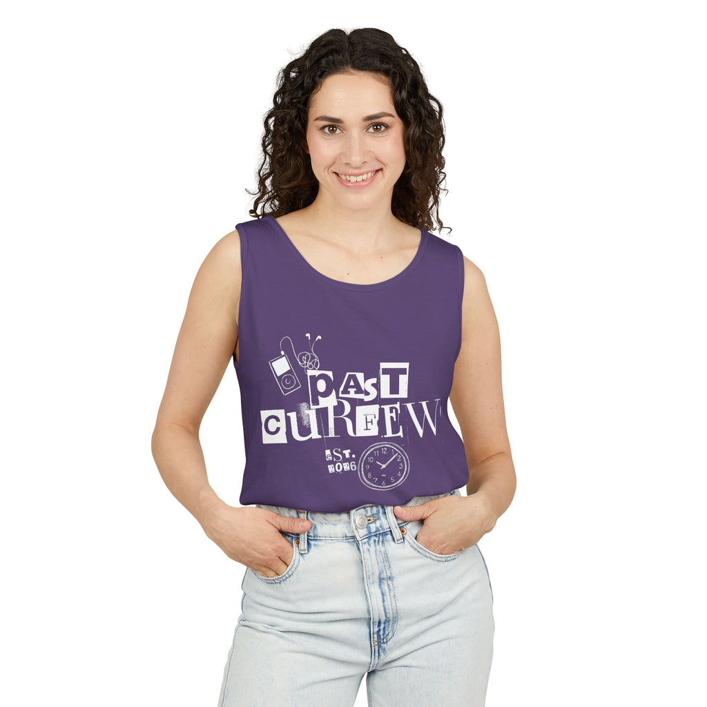 Past Curfew Comfort Colors Graphic Tank Top — Retro College Party Vibe