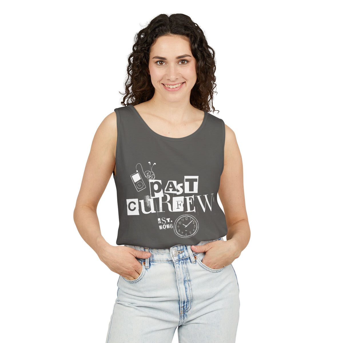 Past Curfew Comfort Colors Graphic Tank Top — Retro College Party Vibe
