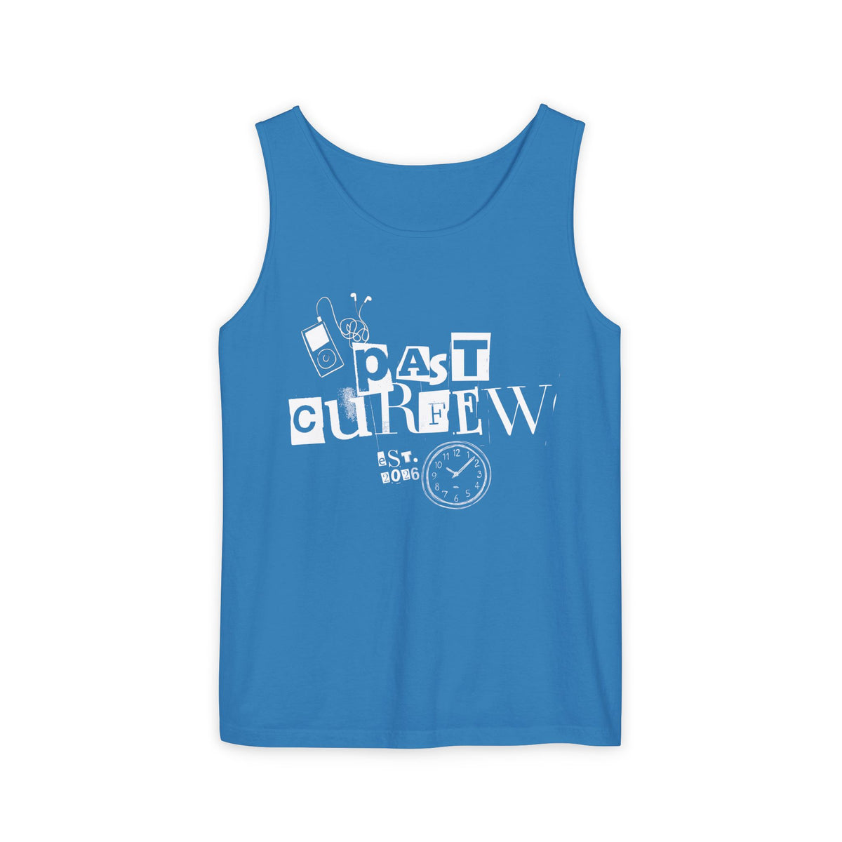 Past Curfew Comfort Colors Graphic Tank Top — Retro College Party Vibe