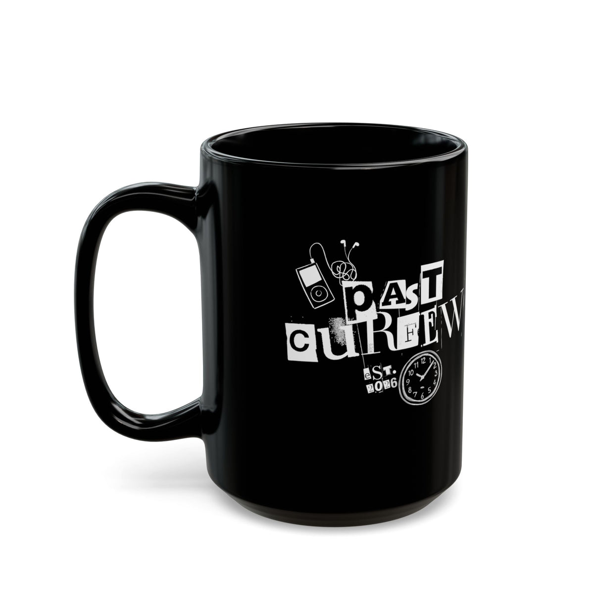 Past Curfew Black Mug (11oz/15oz) — Retro Ransom-Note Design Coffee Cup