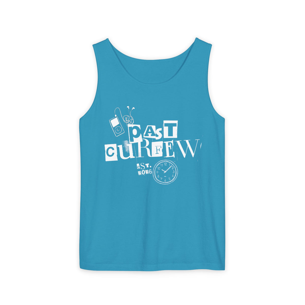 Past Curfew Comfort Colors Graphic Tank Top — Retro College Party Vibe