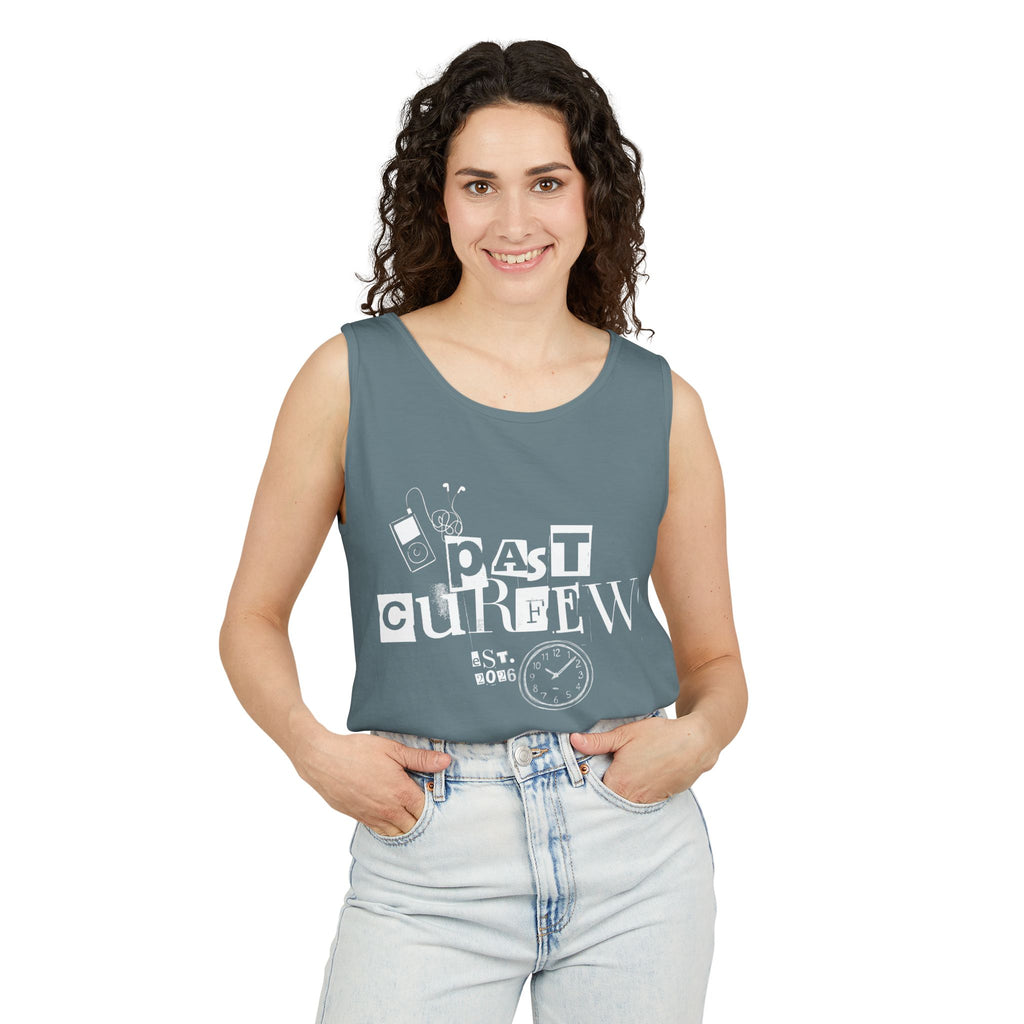 Past Curfew Comfort Colors Graphic Tank Top — Retro College Party Vibe