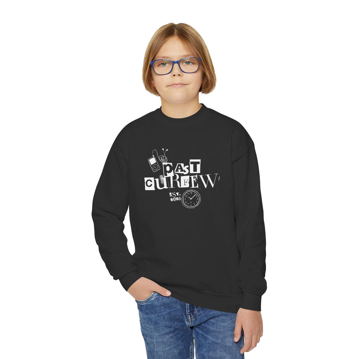 Youth Crewneck Sweatshirt - "Past Curfew" Retro Graphic Pullover