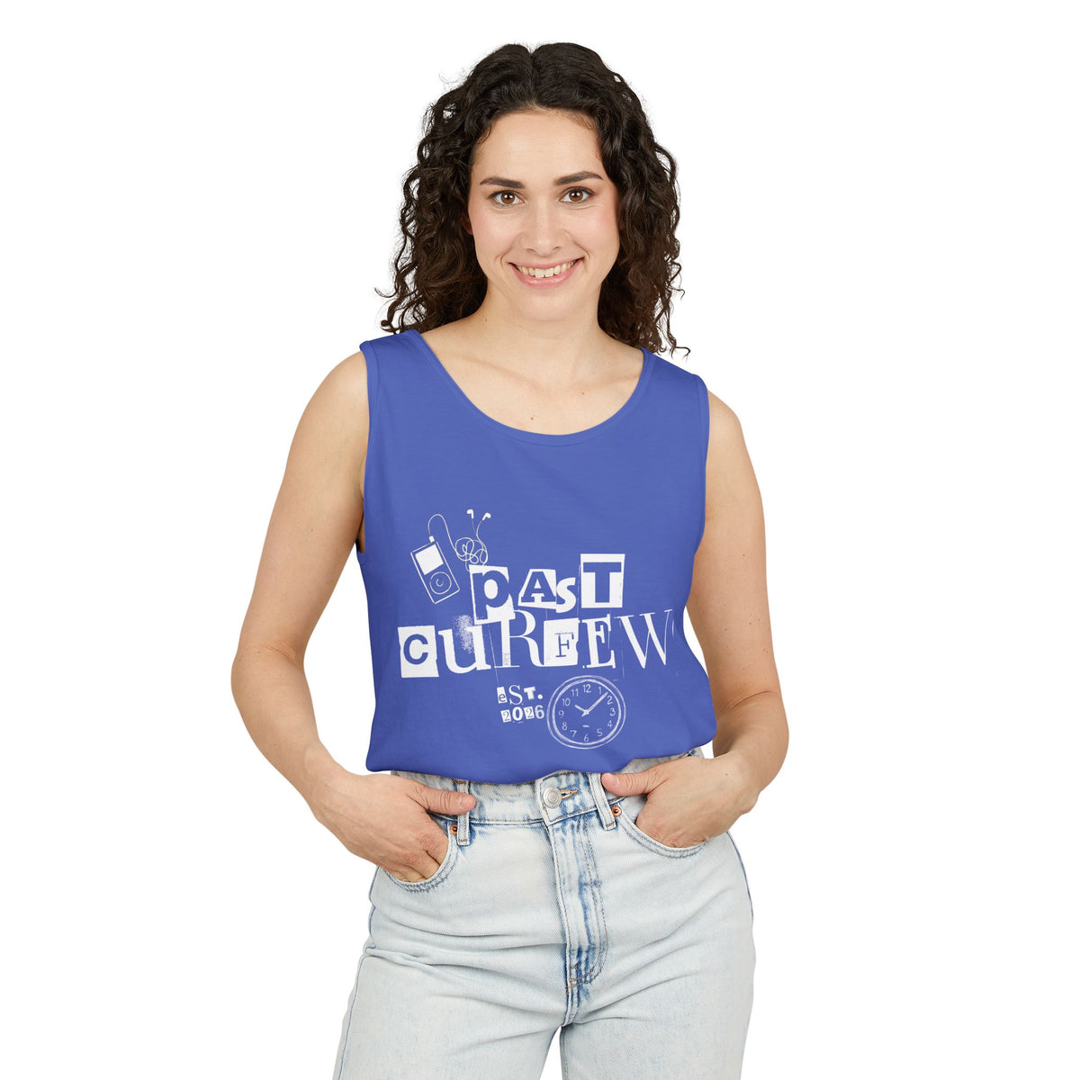 Past Curfew Comfort Colors Graphic Tank Top — Retro College Party Vibe