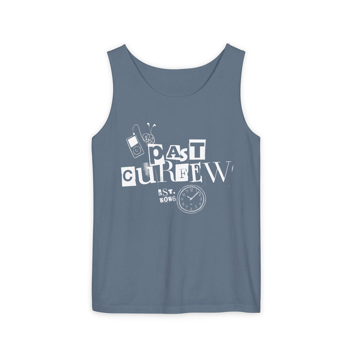 Past Curfew Comfort Colors Graphic Tank Top — Retro College Party Vibe