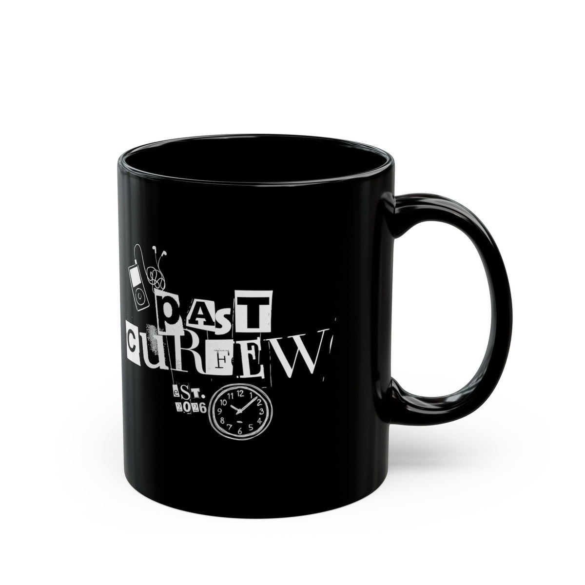 Past Curfew Black Mug (11oz/15oz) — Retro Ransom-Note Design Coffee Cup