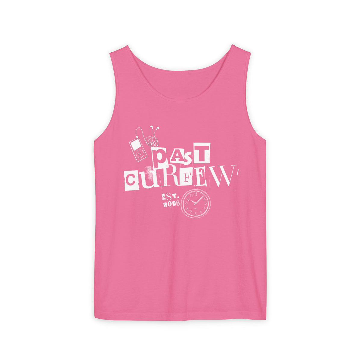 Past Curfew Comfort Colors Graphic Tank Top — Retro College Party Vibe