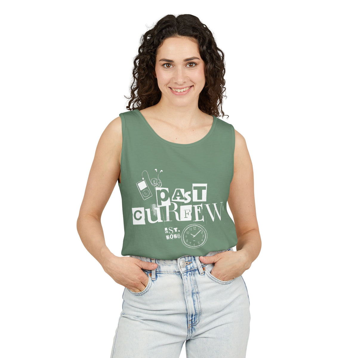 Past Curfew Comfort Colors Graphic Tank Top — Retro College Party Vibe