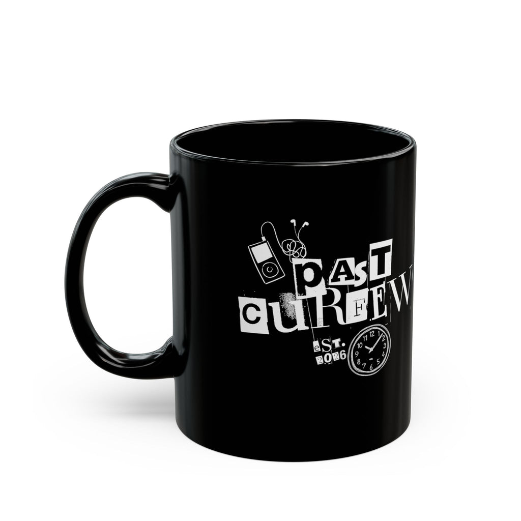 Past Curfew Black Mug (11oz/15oz) — Retro Ransom-Note Design Coffee Cup