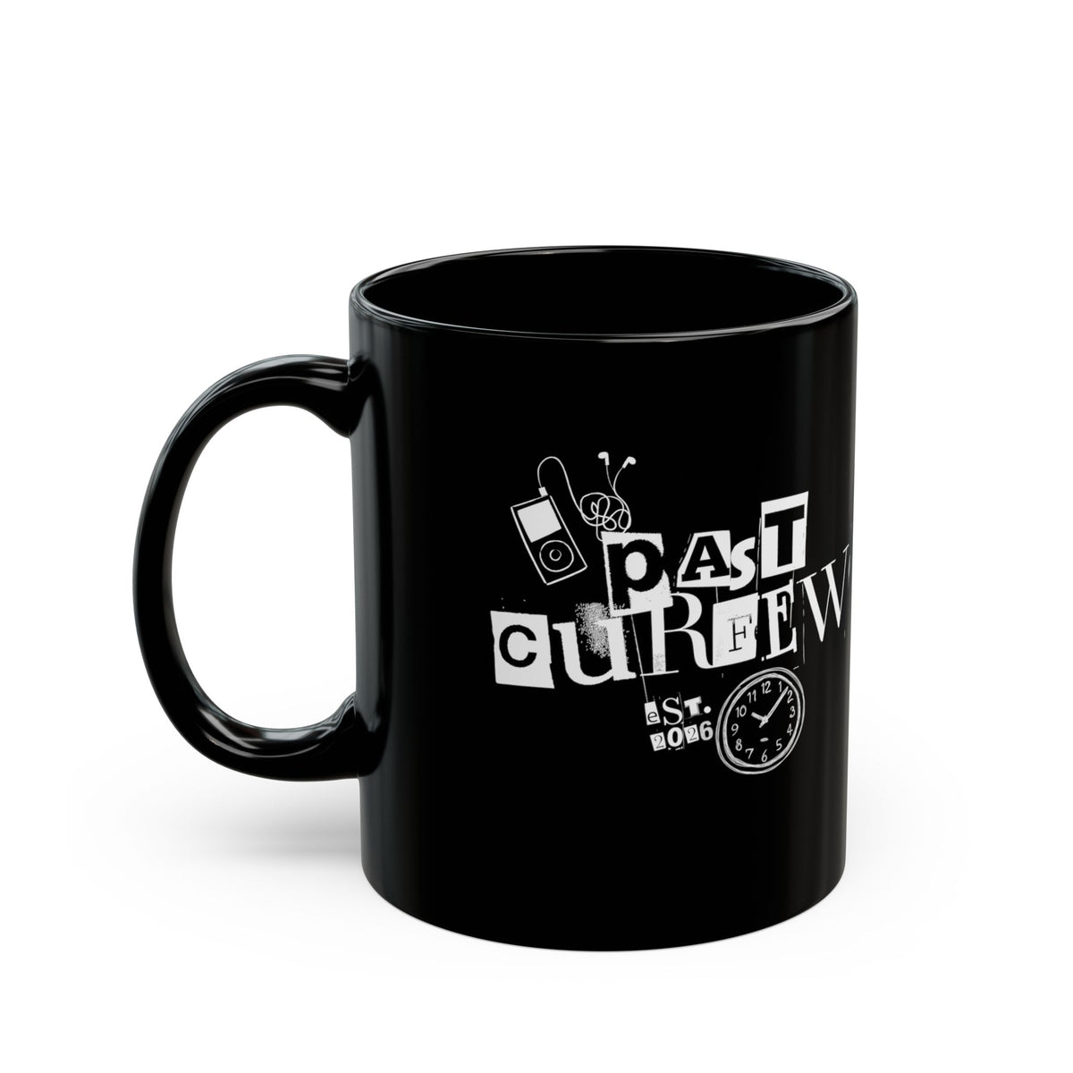 Past Curfew Black Mug (11oz/15oz) — Retro Ransom-Note Design Coffee Cup