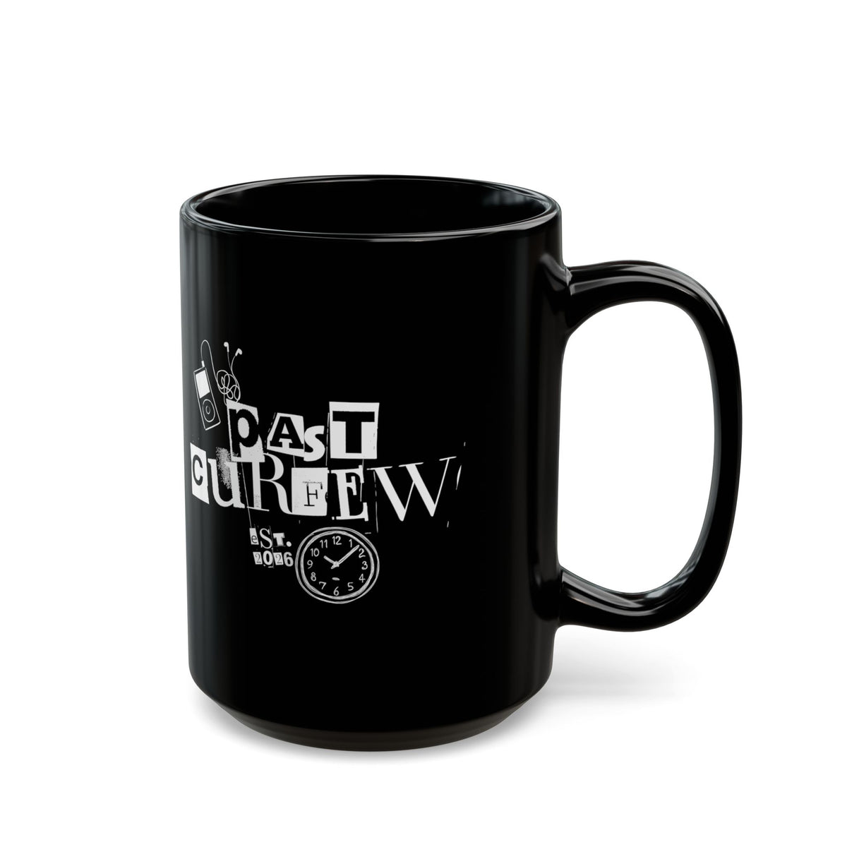 Past Curfew Black Mug (11oz/15oz) — Retro Ransom-Note Design Coffee Cup