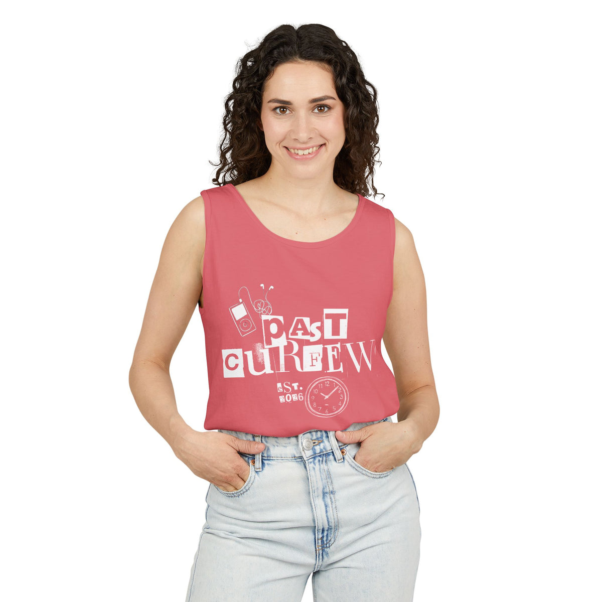 Past Curfew Comfort Colors Graphic Tank Top — Retro College Party Vibe